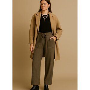 Moia wool blend pants womens brown drawstring elastic waist pockets Korean style